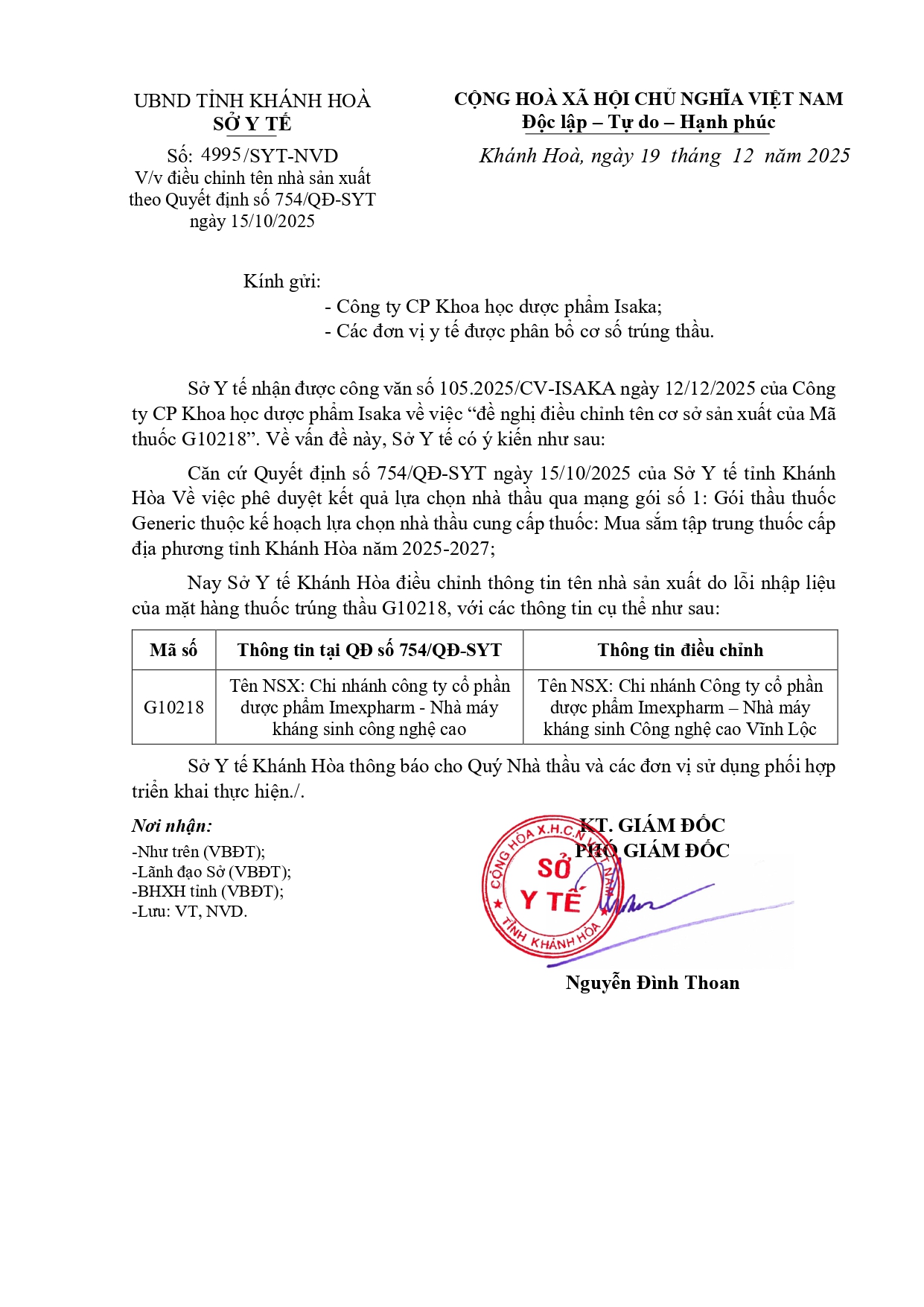 V/v điều chỉnh tên nhà sản xuất theo Quyết định số 754/QĐ-SYT ngày 15/10/2025 